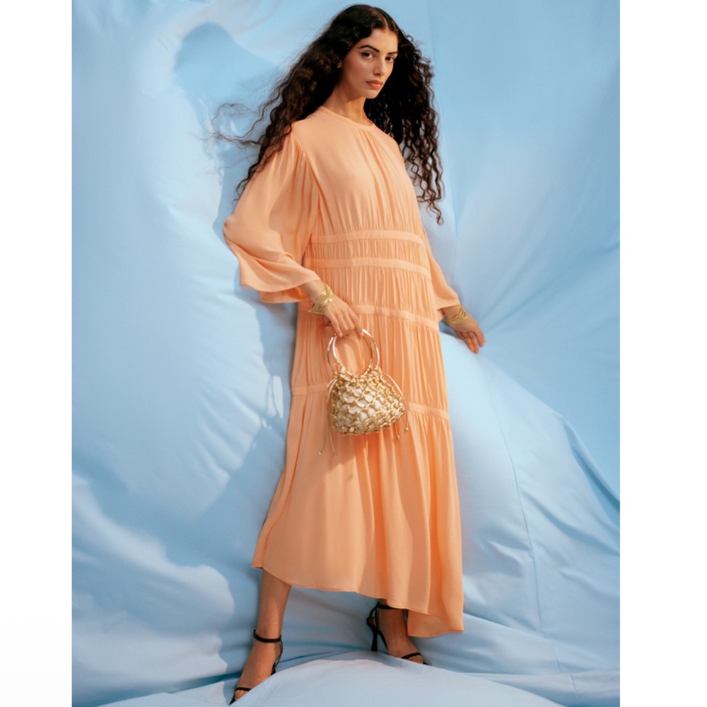 NEW & Other Stories Ruched Relaxed-Fit Asymmetric Dress Creamsicle Peach Midi